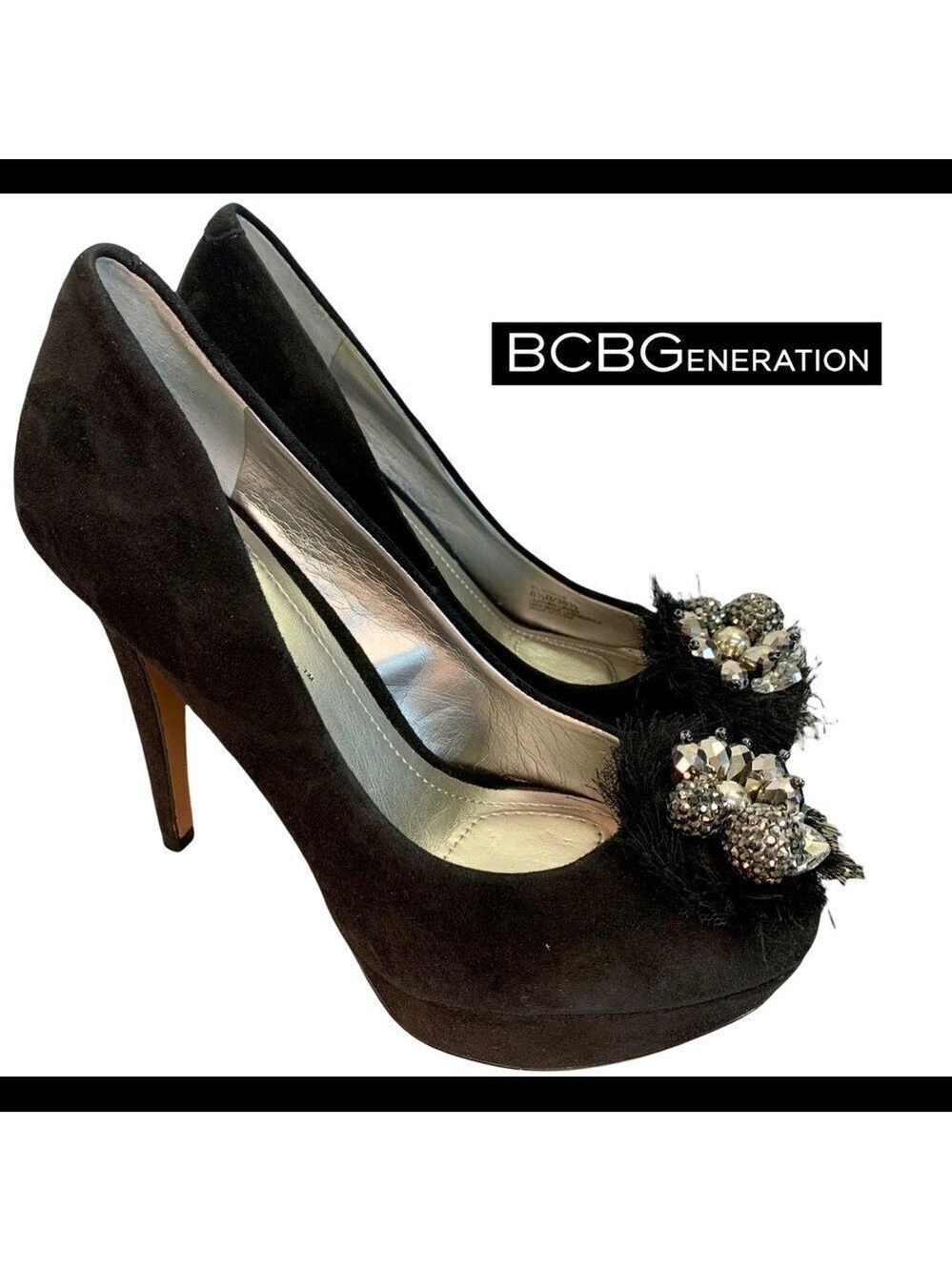 𝅺bcbgeneration BG-Scottie Black Suede bead Embellished High heel pumps size 6.5